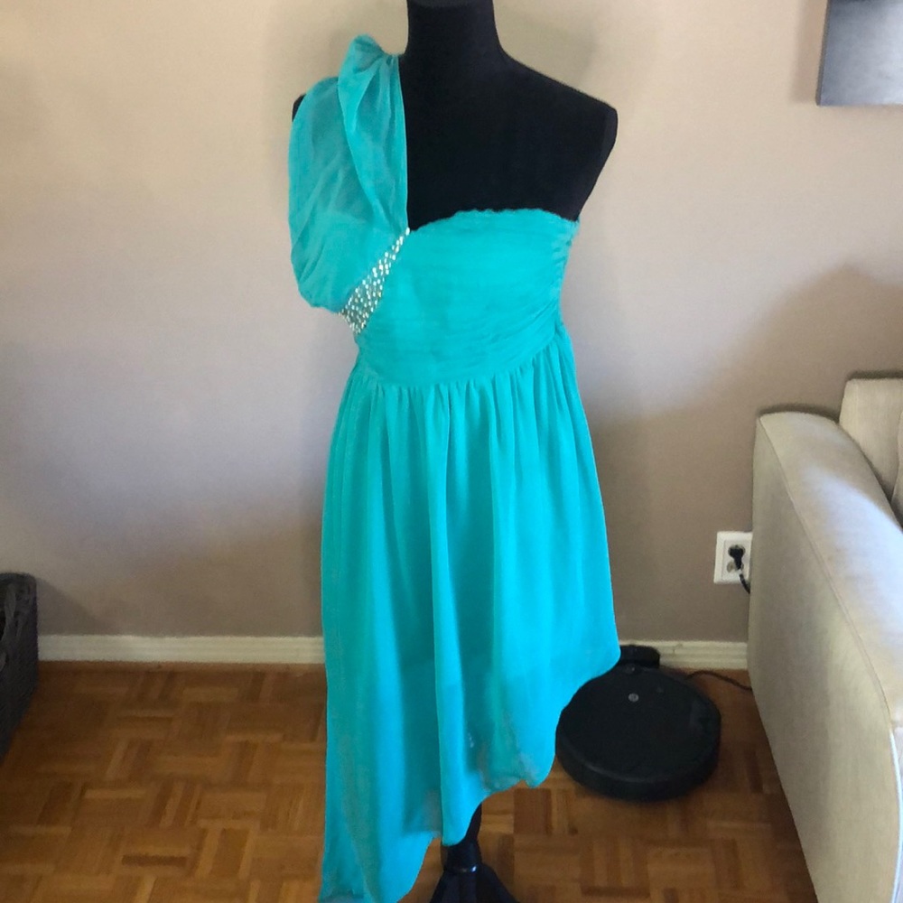 Teal one strap pearl studded high low gown